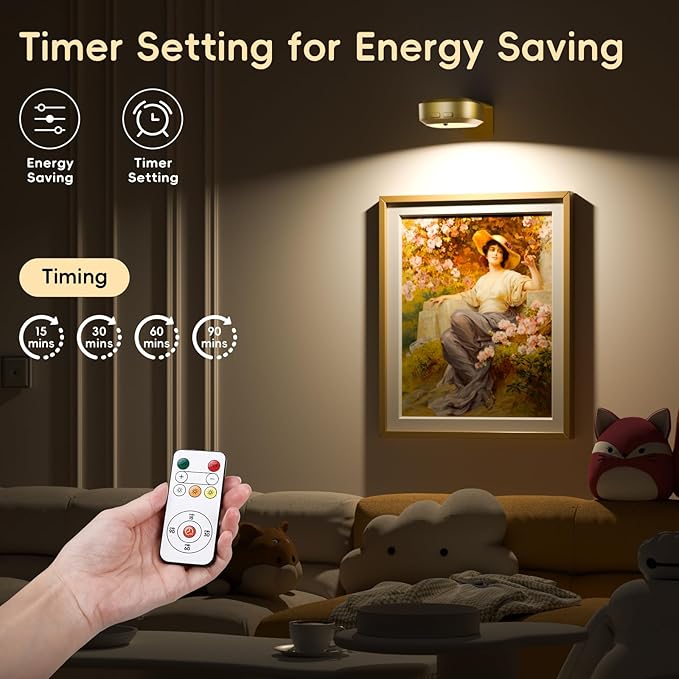 Picture Lights for Wall, Rechargeable Magnetic Poster Lights with 3 Color Temperatures, Dimmable Timer Painting Decor Light for Art Display, Frame (Gold, 1 Pack)