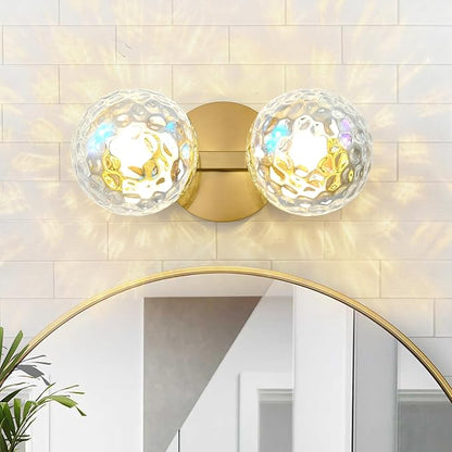 Gold Bathroom Vanity Light Fixtures: Modern Wall Scones With 2 Hammered Stained Glass Shades - Globe Makeup Lighting Fixture over Mirror - Brass Ball Powder Room Vanities Lights for Hallway Bedroom