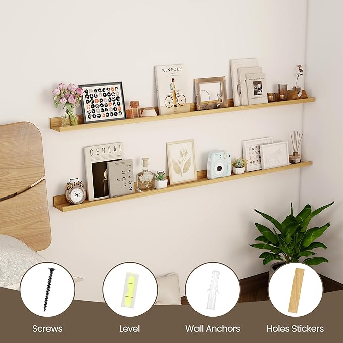 Axeman Floating Shelves | Picture Ledge Shelf Set of 2 | Oak Wall Shelves with Lip | Oak Picture Shelf for Wall with Ledge | Photo Ledges 55 Inch