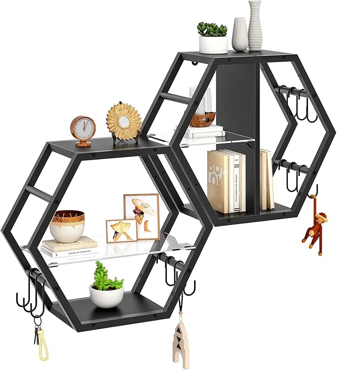 Hexagon Floating Shelves Set of 2, Glass Hanging Shelves for Wall Decor, Industrial Style Wall Storage Rack and 12 S-Hooks, for Living Room, Bedroom, Office, Game Center, Black TBJ08BB