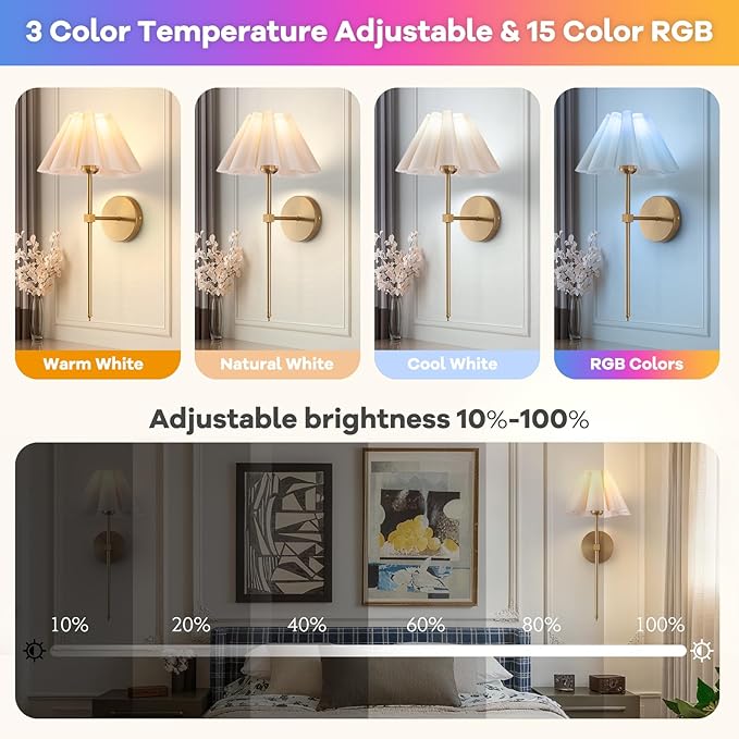 Battery Operated Wall Sconces Set of 2, Rechargeable RGB Wall Lights, Not Hardwired Wall Lights with Petal Shades, Wireless Wall Lamp with Remote Control for Living Room Corridor Bedroom etc