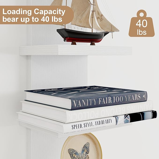 5 Tier Wall Shelf Unit, Decorative Wall Mount Vertical Shelving, Floating Storage Home Decor Organizer Tall Tower Design Utility Shelving Bedroom Living Room, Modern White 2Pack