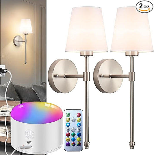 Battery Operated Wall Sconce Set of 2, Rechargeable Wall Sconce with 10000mAh Bulb and Remote Control, Up to 50 Hrs Use, RGB Dimmable Wireless Wall Lights for Living Room Bedroom Hallway