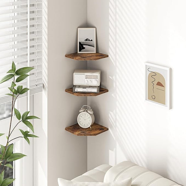 Fun Memories Corner Shelf Wall Mount, Floating Corner Shelves, Set of 6 Corner Wall Shelf Organizer, Rustic Wood Wall Storage Display Shelves for Living Room Bedroom Bathroom Kitchen, Rustic Brown