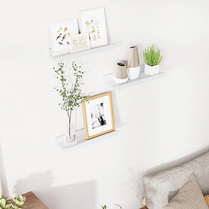 Floating Shelves for Wall, 16 inch Solid Wood Picture Ledge Shelf for Wall Storage, Nursery Book Shelves with Lip for Living Room Bathroom Bedroom Kitchen, Set of 3, Washed White