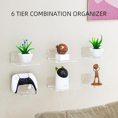 Acrylic Wall Shelves,Clear 6 inch Floating Shelves for Display,Echo,Cameras,Speaker,Plant,Router Wall Mounted Transparent Small Invisible Shelves with Adhesive Bedroom Bathroom Living Room Decoration