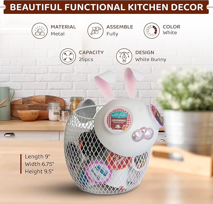 Made Easy Kit Coffee Pod Basket Organizer Useful Decor - Compatible with Keurig K-Cup Pods - Home Coffee Bar Functional Decoration - Café Station Countertop Freestanding Storage Accessory (WHT Bunny)