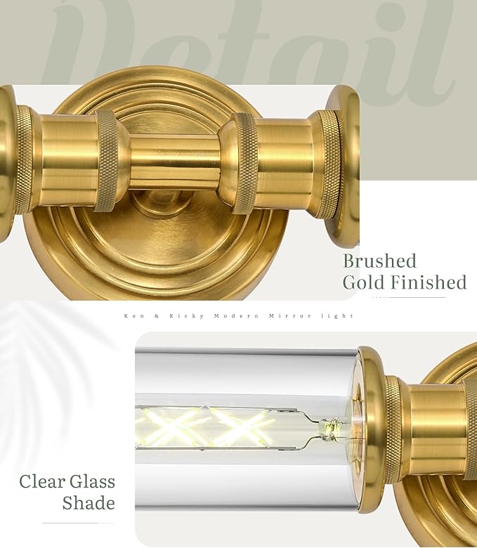 Ken & Ricky 24In Wall Sconces Set of Two, Brushed Gold Bathroom Sconces Wall Lighting with Clear Glass, Vanity Lights for Bathroom Bedroom Living Room Hallway KR3376-W-BG-2PK