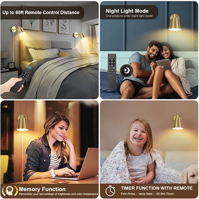 Plug in Wall Sconces with Remote Control, Adjustable Color Temperature 2700K-6000K and Dimmable Wall Sconces Gold Wall Lights with Plug in Cord for Bedroom Bedside Stairway(2 Pack, 2 Bulbs)