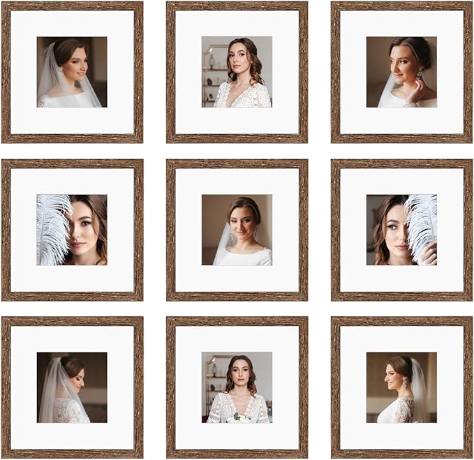 10x10 Picture Frame Set of 9, Display Pictures 8x8 with Mat or 10x10 without Mat, Multi Collage Gallery Square Photo Frames for Wall or Tabletop,Distressed Brown