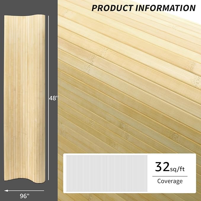 Art3d Natural Bamboo Wall Panel for Interior Wall Decor, Renewable Pole Wrap Wainscoting Paneling for Wall Ceiling Furniture Cabinet Office, 48 x 96 Inch - Raw