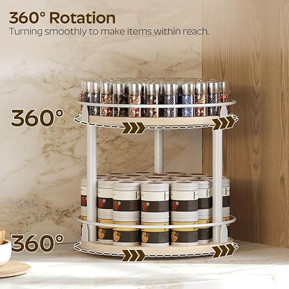 Lazy Susan Organizer, Rotating Spice Rack, 2 Tier Spice Turntable Organizer, Industrial Turntable Spice Holder, for Kitchen Countertop, Compact and Versatile, White and Light Oak SR22WG