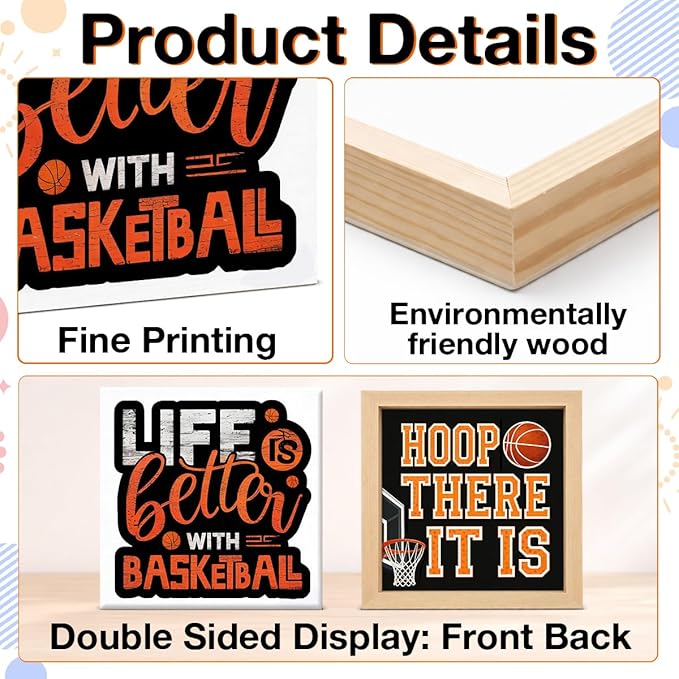 Basketball Home Decor - Gift for Basketball Lover - Double-sided Wood Box Sign for Home Kitchen Farmhouse Office Tiered Tray Desk Shelf Decor