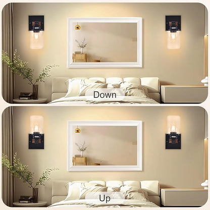 Farmhouse Wall Sconces 2-Pack, Wired Sconces Wall Lighting with Glass Shade, Decor Set of Two for Bedroom Bathroom Livingroom, Square-Wired