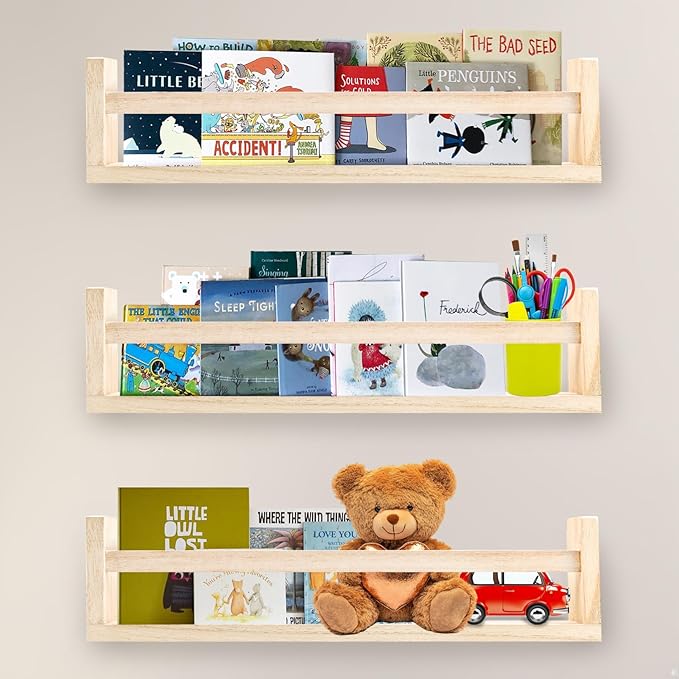 3 Pack Nursery Shelves, 16.5 Inch Nursery Book Shelve, Solid Wood Wall Mounted Shelve for Books, Floating Shelves for Wall Books Living Room Kids Room Decor(Natural Wood)