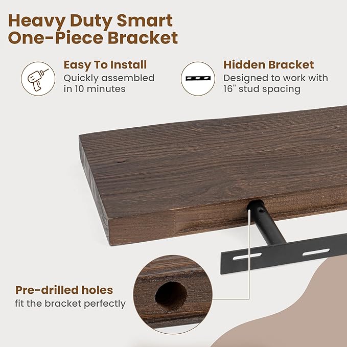 Floating Shelves for Wall Decor, Rustic Solid Elm Wood Live Edge Floating Shelves Wall Mounted, Wall Shelves with Invisible Bracket for Living Room Bathroom Bedroom Kitchen, 72 Inch, Walnut