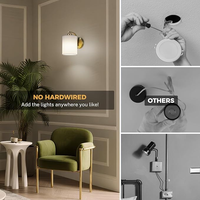 Battery Operated Wall Sconce Set of 2, Rechargeable Wall Sconce with 13000mAh Bulb Pleated Lampshade, Wireless Battery Powered Wall Sconces Set of 2 for Bedroom Living Room, Gold
