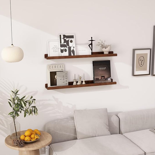 Floating Shelves for Wall 36 Inch - Wood Picture Ledge Shelf Set of 2 - Dark Wood Wall Shelves with Lip - Walnut Picture Shelf Photo Ledge