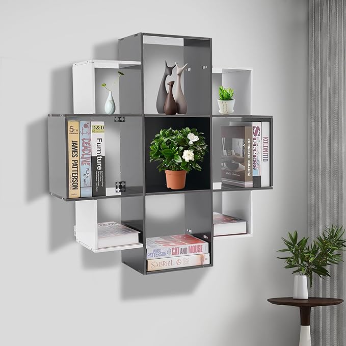 3-Tiers Wall Mounted Geometric Bookshelf, Morden Irregular Nine-Grid Bookshelf, 90cm Tall Decorative Display Shelf (White+Black)
