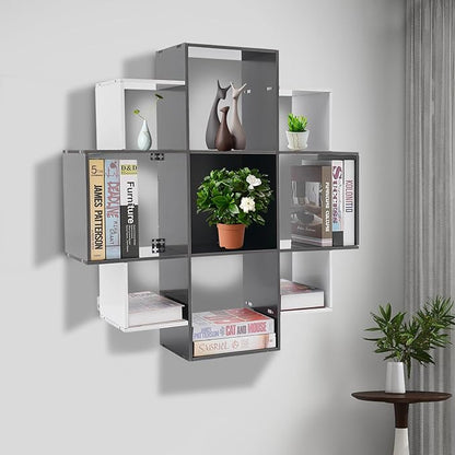 3-Tiers Wall Mounted Geometric Bookshelf, Morden Irregular Nine-Grid Bookshelf, 90cm Tall Decorative Display Shelf (White+Black)