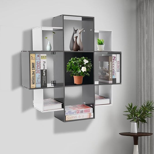 3-Tiers Wall Mounted Geometric Bookshelf, Morden Irregular Nine-Grid Bookshelf, 90cm Tall Decorative Display Shelf (White+Black)
