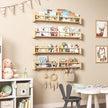 34Inch Nursery Bookshelves,Set of 4,Wall Floating Shelf Kids Coat Rack with 6Hooks,Hanging Book Shelf for Baby Nursery Room Décor， Patent Number: 29958098(Burlywood, 34)