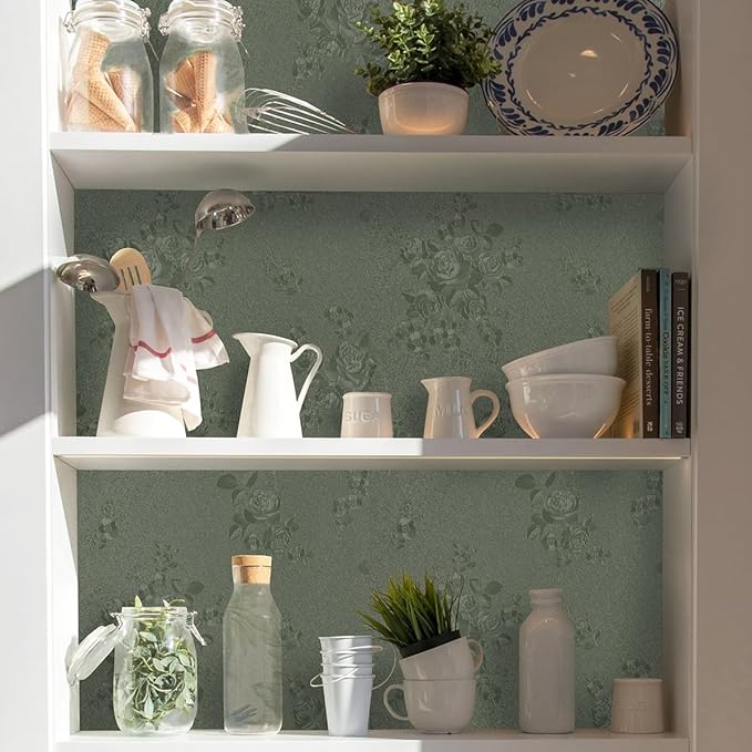 Green Flower Wallpaper Stick and Peel 17.7inch x 78.7inch Embossed Floral Stick Peel Contact Paper Solid Pure Waterproof Green Self Adhesive Wallpaper Flower Removable Shelf Vinyl Roll