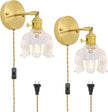 Plug in Wall Sconces Set of 2, Plug in Wall Lamp, Vintage Wall Light with Clear Tulip Glass Lampshade, 3-Way Dimmable with Dual Switches, No Wiring Needed for Bedroom Wall Decor and Hallway