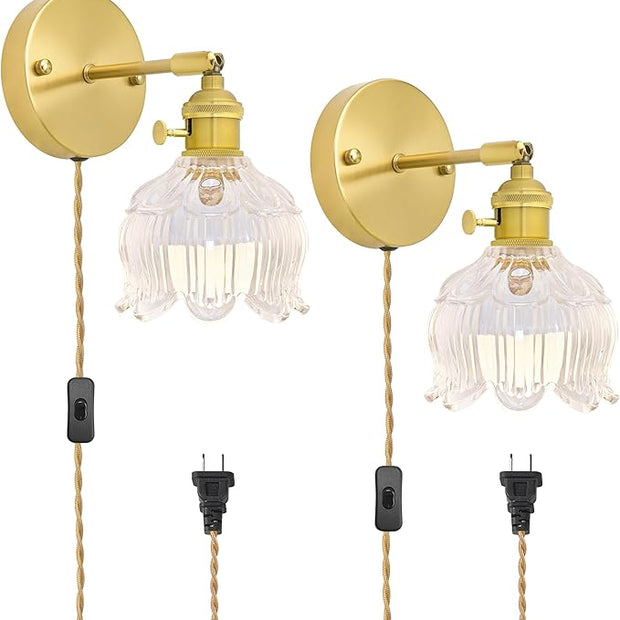 Plug in Wall Sconces Set of 2, Plug in Wall Lamp, Vintage Wall Light with Clear Tulip Glass Lampshade, 3-Way Dimmable with Dual Switches, No Wiring Needed for Bedroom Wall Decor and Hallway