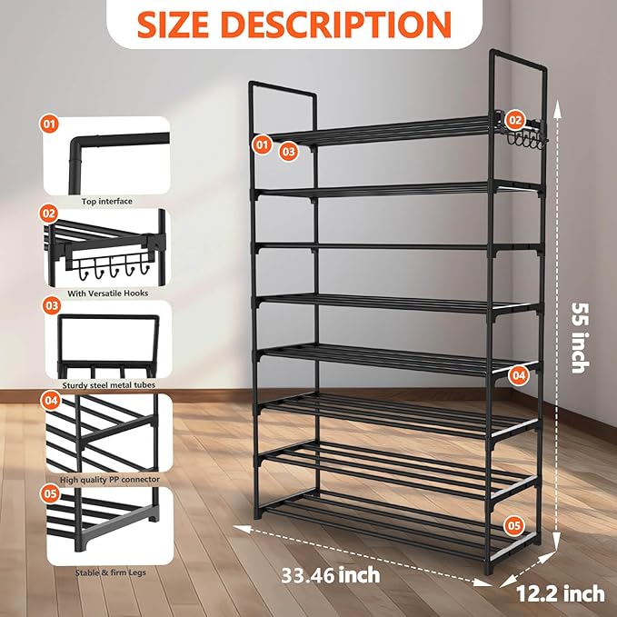 8 Tiers Metal Shoe Rack,Adjustable Shoe Shelf Storage Organizer with Hooks,Stackable Boot & Shoe Storage,for Entryway,Hallway,Closet,Black