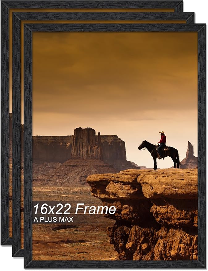 A PLUS MAX 16x22 Picture Frame Set of 3, Black Engineered Wood Frame for 16 x 22 Inch Picture Poster Photo, Light Weight 16 by 22 Frame with Wood-grain for Wall - 3 Pack/Black/16 x22