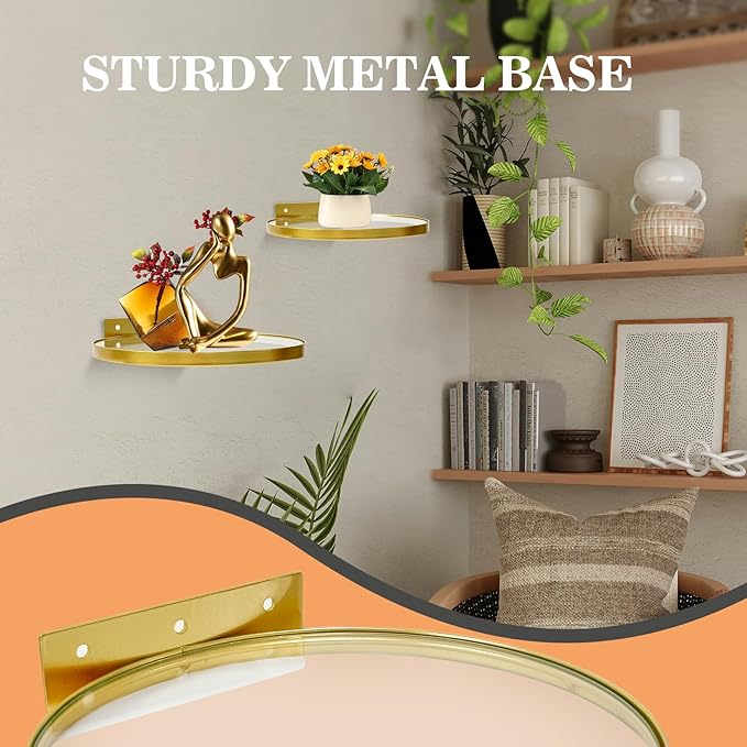 ZEXUIRU 3 Set Glass Decorative Floating Shelves Metal Frame Display Shelf Wall Decor for Home Office Mixed Size