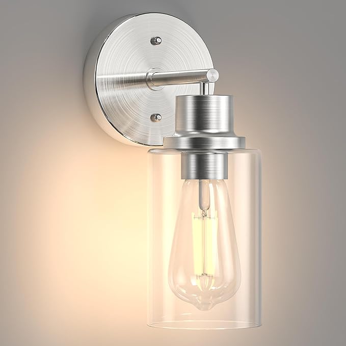 1-Light Bathroom Wall Sconce with Clear Glass Shade, Modern Vanity Light Fixture Over Mirror for Bathroom, Bedroom, Hallway, Living Room-Brushed Nickel