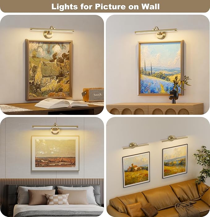 Hard-Wired Picture Lights 23.62 Inch Dimmable LED Wall Art Lighting Modern Brass Gallery Light Poster Lights Adjustable Swing Arm Picture Frame Light For Display Art Work,14W,2700K, Warm White