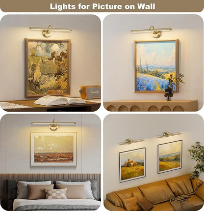 Hard-Wired Picture Lights 23.62 Inch Dimmable LED Wall Art Lighting Modern Brass Gallery Light Poster Lights Adjustable Swing Arm Picture Frame Light For Display Art Work,14W,2700K, Warm White