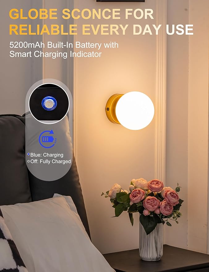 Battery Operated Rechargeable Wall Sconce Single, Brushed Gold Opal Glass Globe Wall Lamp, Wireless Touch & Remote Control, Dimmable 3 CCT + 12 RGB Colors for Bedroom Living Room Hallway