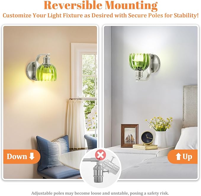 VerRon Rechargeable Battery Operated Wall Sconce with Green Glass Lampshade, Wireless Wall Scone Decor with Remote Control, 15 Colors Brushed Nickle Wall Light for Bedside Hallway Bedroom Doorway