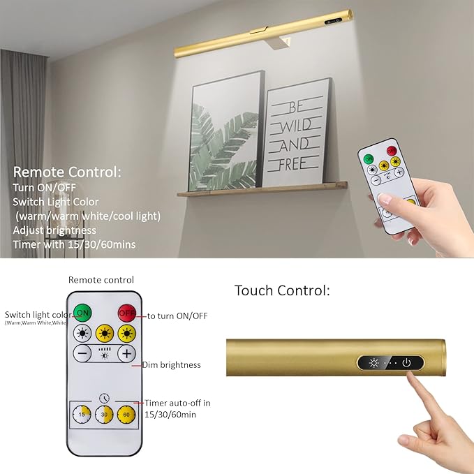 Wireless Picture Light Battery Operated,19.7" Rechargeable Painting Light with Remote Control, Metal Art Display Lamp,3 Modes,Dimmable Dartboard Light with Timer for Dartboard Gallery