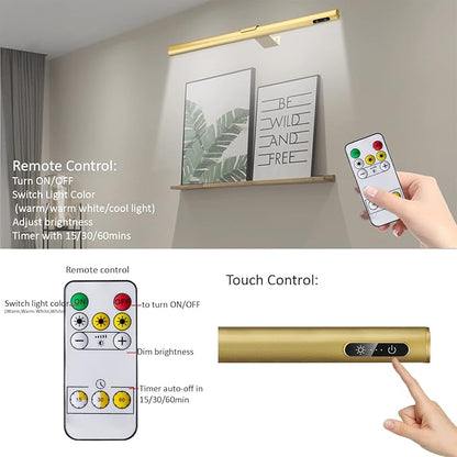Wireless Picture Light Battery Operated,19.7" Rechargeable Painting Light with Remote Control, Metal Art Display Lamp,3 Modes,Dimmable Dartboard Light with Timer for Dartboard Gallery