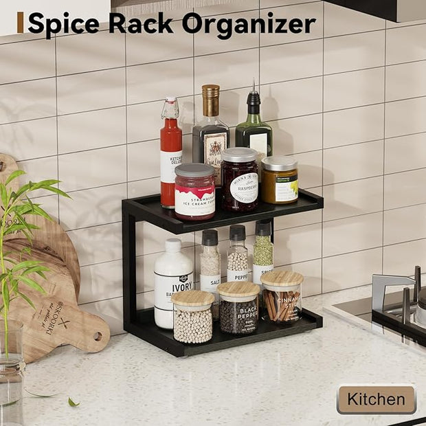 MARTY 2 Tier 12.6"x7.7" Counter Shelf Organizer Kitchen Spice Rack for Countertop, Coffee Station Organizer for Mugs Cups, Wood Shelf Desk Storage Organizer for Bathroom Home Office (Black)