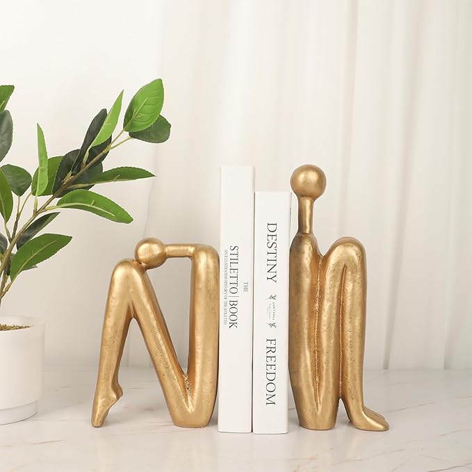 Thinker Cast Iron Bookends, Heavy-Duty Decorative Book End Stoppers for Shelves, Abstract Decor Aesthetic, Smooth Finish Book Holders for Office Decor, 1 Pair/2 Pieces, 9"