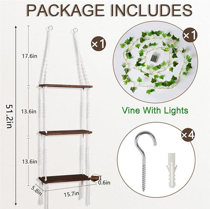 Hanging Shelf with Vine Lights, Macrame Plant Wall Shelf, Wall Storage with Handmade Woven Ropes, 3 Tier Floating Shelf, Boho Room Decor Aesthetic for Succulents, Bedroom, Living Room, Bathroom