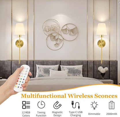 TISLYCO Battery Operated Wall Sconces Set of 2, Gold Rechargeable Wall Lamps with 2500mAh Magnet Detachable Dimmable Remote Bulbs,12 RGB Colors & 3 Color Temperatures Wireless Wall Lights for Bedroom