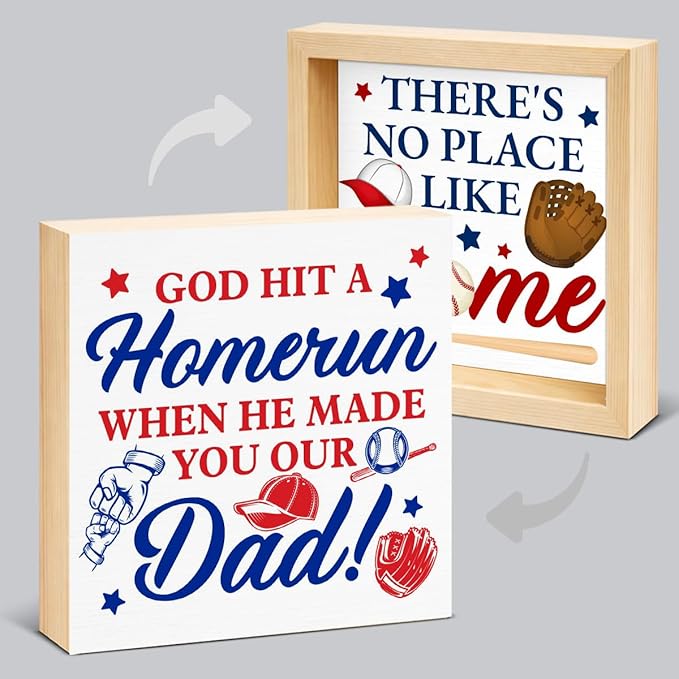 Baseball Home Decor - Gift for Dad - Baseball Wood Box Sign for Home Kitchen Farmhouse Office Tiered Tray Desk Shelf Decor