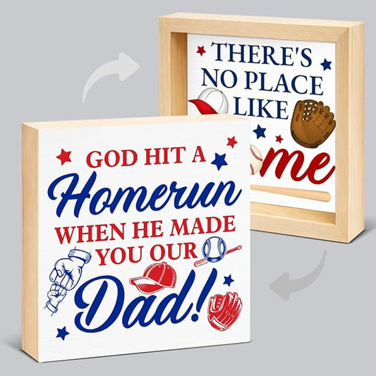 Baseball Home Decor - Gift for Dad - Baseball Wood Box Sign for Home Kitchen Farmhouse Office Tiered Tray Desk Shelf Decor
