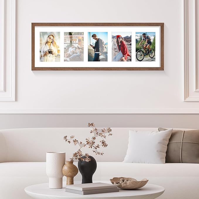 puthiac 8x24 Oak Wood Picture Frame - 8x24 Photo Frame with Mat Display 5Pcs 4x6 Photos, 4x6 Picture Frame Wood, Natural Solid Wooden Picture Frames for Wall Art Decor(1 Pack, Walnut)