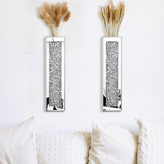 Silver wall Decor Mirrored Vase,Crystal Crush Diamond Flower Vase,Stunning Decorative Glass Hanging Planter & Container for Home Wall Decor.Befit for Faux Plants.Can't Hold Water.(2 Set)
