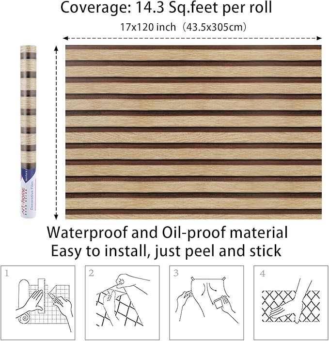 Arthome 17''x120'' Wood Slat Wallpaper Peel and Stick self Adhesive Wood Wallpaper PVC Vinyl Decorative Removable Wallpaper Waterproof Faux Wood Grating Stripe Contact Paper for Living Room Bedroom