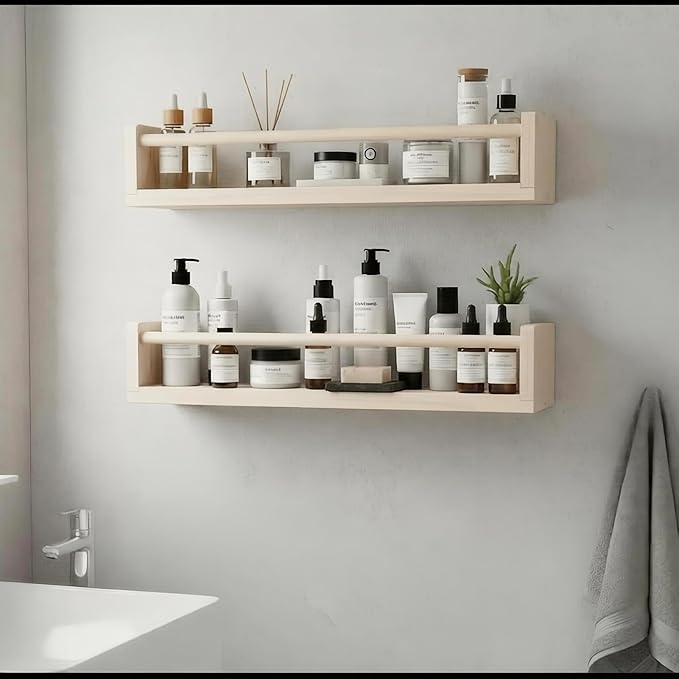 Set of 3 Kids Floating Bookshelves Natural – 24 Inch Wall Mounted Nursery Book Shelves with Safety Rail – Ideal Storage & Display Shelf for Nursery, Bedroom, and Playroom