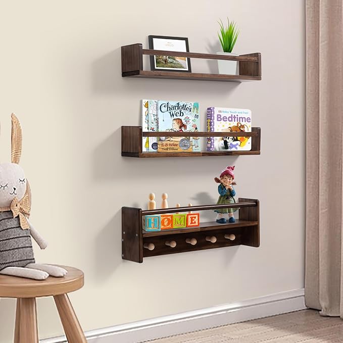 AZSKY 24 Inch Book Shelves for Nursery Floating Bookshelf Wall Mount Deep Walnut Shelves for Room Wall Hooks for Hanging Nursery Shelf for Kids Room Bedroom Bathroom Living Room Kitchen Set of 3